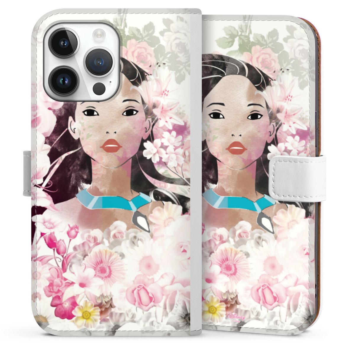 iPhone 14 Pro Max Handy Klapphülle Handyhülle aus Kunst Leder weiß Flip Case Pocahontas Official Licensed Product Disney Sideflip mit Lasche