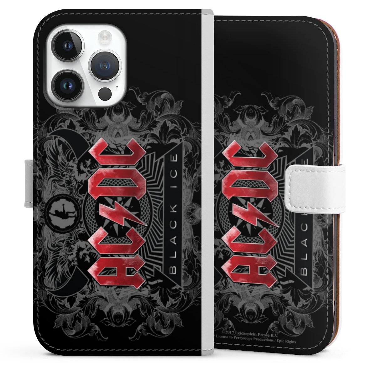 iPhone 14 Pro Max Handy Klapphülle Handyhülle aus Kunst Leder weiß Flip Case Merchandise Black Ice Acdc Sideflip mit Lasche