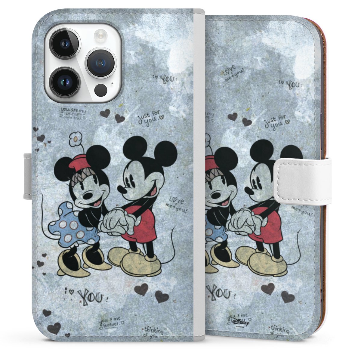 iPhone 14 Pro Max Handy Klapphülle Handyhülle aus Kunst Leder weiß Flip Case Mickey & Minnie Mouse Vintage Disney Sideflip mit Lasche