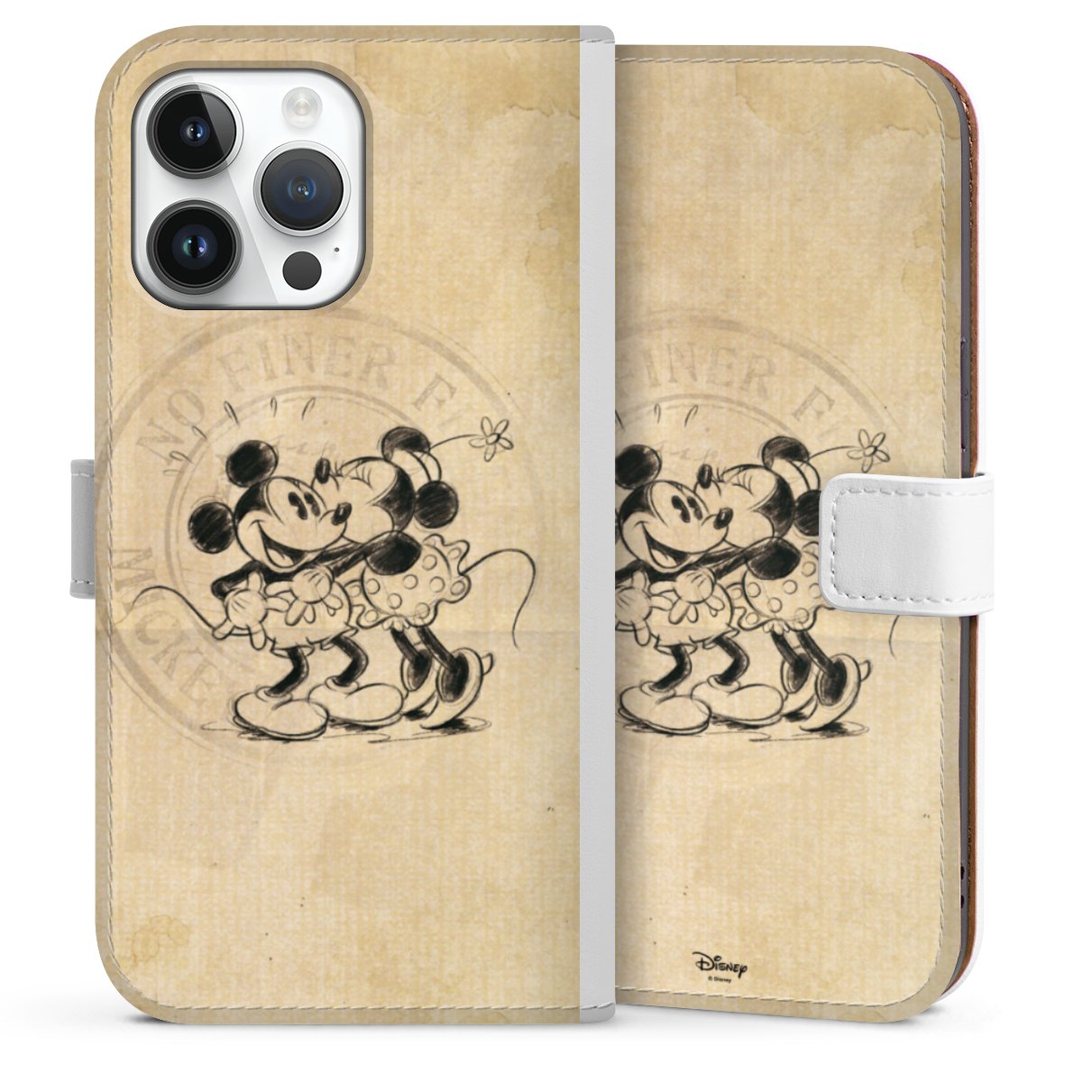 iPhone 14 Pro Max Handy Klapphülle Handyhülle aus Kunst Leder weiß Flip Case Mickey Mouse Vintage Minnie Mouse Sideflip mit Lasche