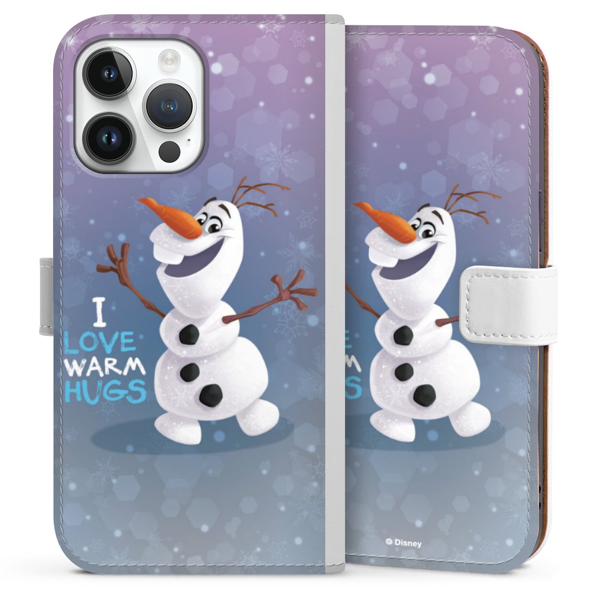 iPhone 14 Pro Max Handy Klapphülle Handyhülle aus Kunst Leder weiß Flip Case Frozen Frozen Olaf Official Licensed Product Sideflip mit Lasche