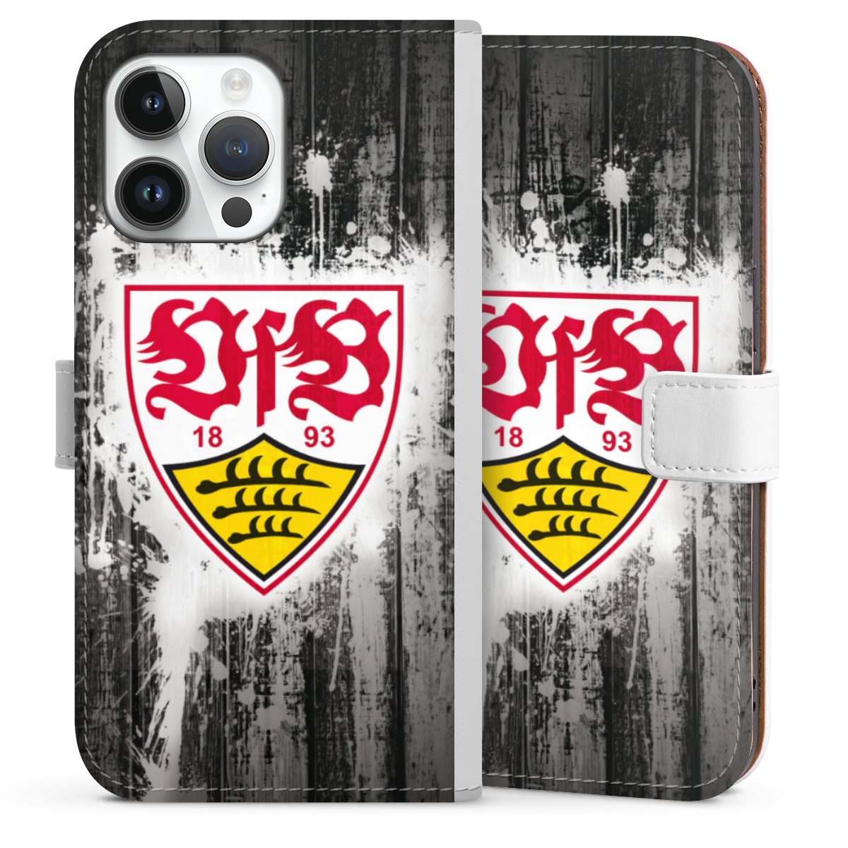 iPhone 14 Pro Max Handy Klapphülle Handyhülle aus Kunst Leder weiß Flip Case Vfb Stuttgart Official Licensed Product Sideflip mit Lasche