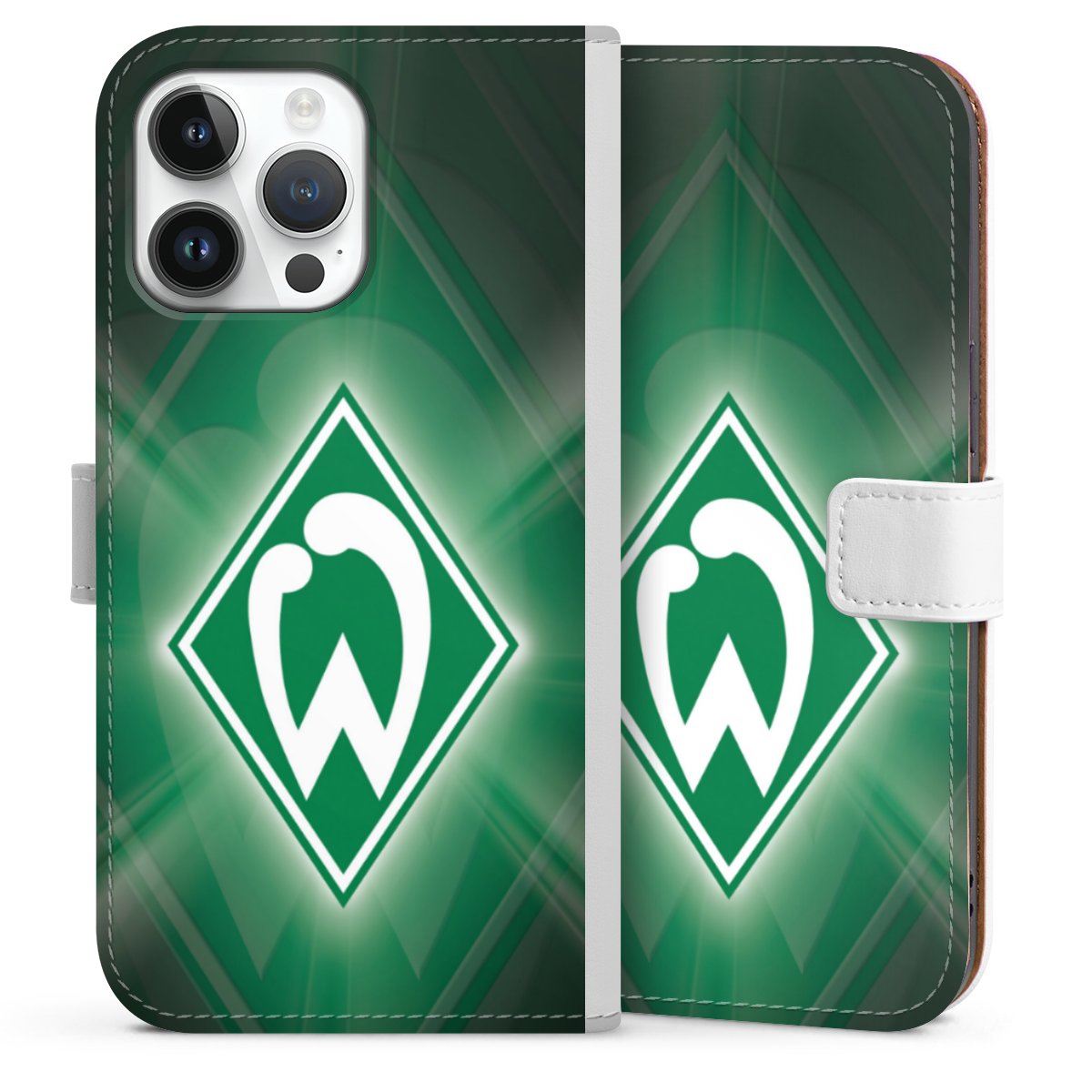 iPhone 14 Pro Max Handy Klapphülle Handyhülle aus Kunst Leder weiß Flip Case Sv Werder Bremen Official Licensed Product Coat Of Arms Sideflip mit Lasche