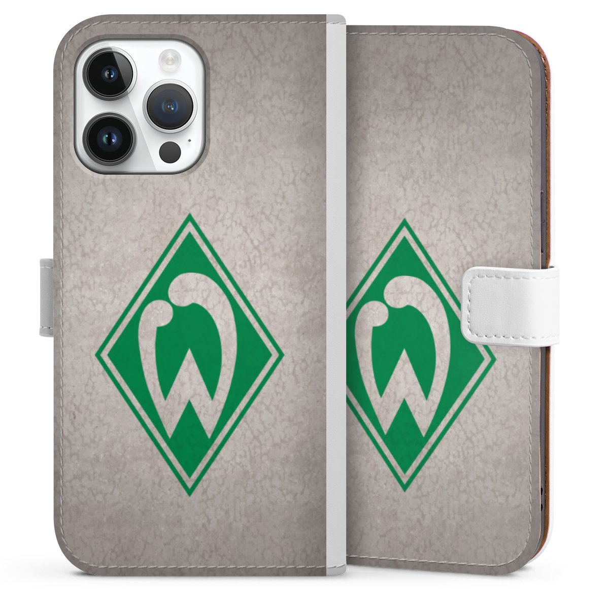 iPhone 14 Pro Max Handy Klapphülle Handyhülle aus Kunst Leder weiß Flip Case Sv Werder Bremen Concrete Official Licensed Product Sideflip mit Lasche