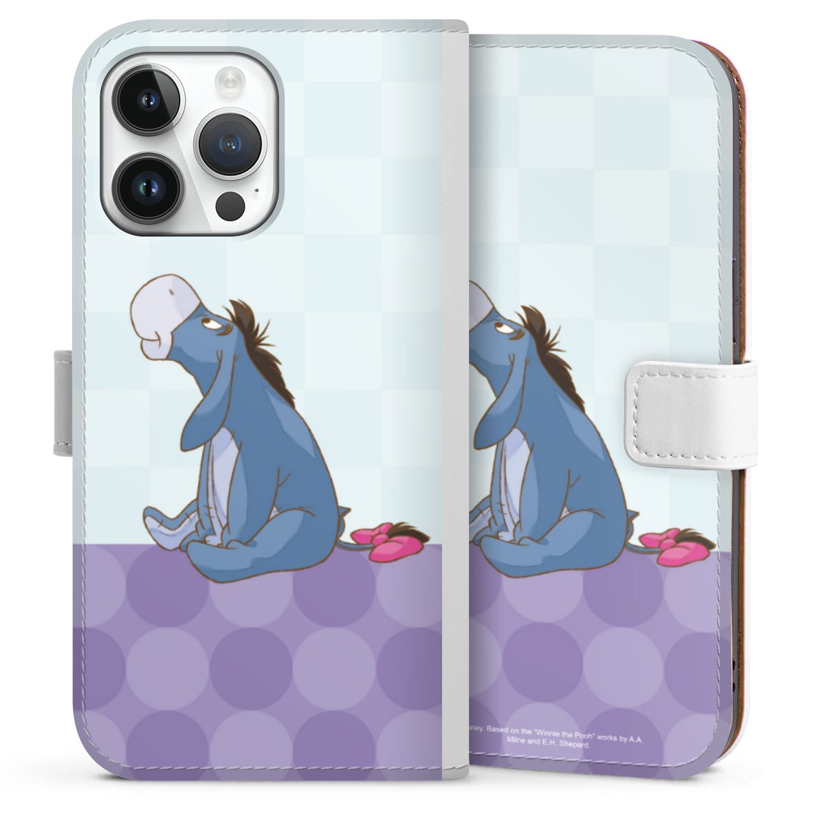 iPhone 14 Pro Max Handy Klapphülle Handyhülle aus Kunst Leder weiß Flip Case Disney Donkey Winnie The Pooh Sideflip mit Lasche