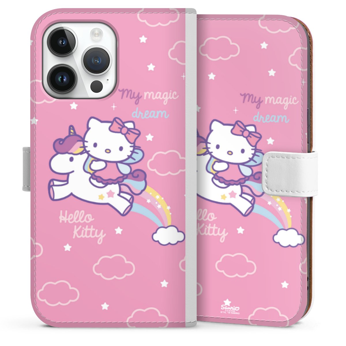 iPhone 14 Pro Max Handy Klapphülle Handyhülle aus Kunst Leder weiß Flip Case Einhorn Official Licensed Product Hello Kitty Sideflip mit Lasche