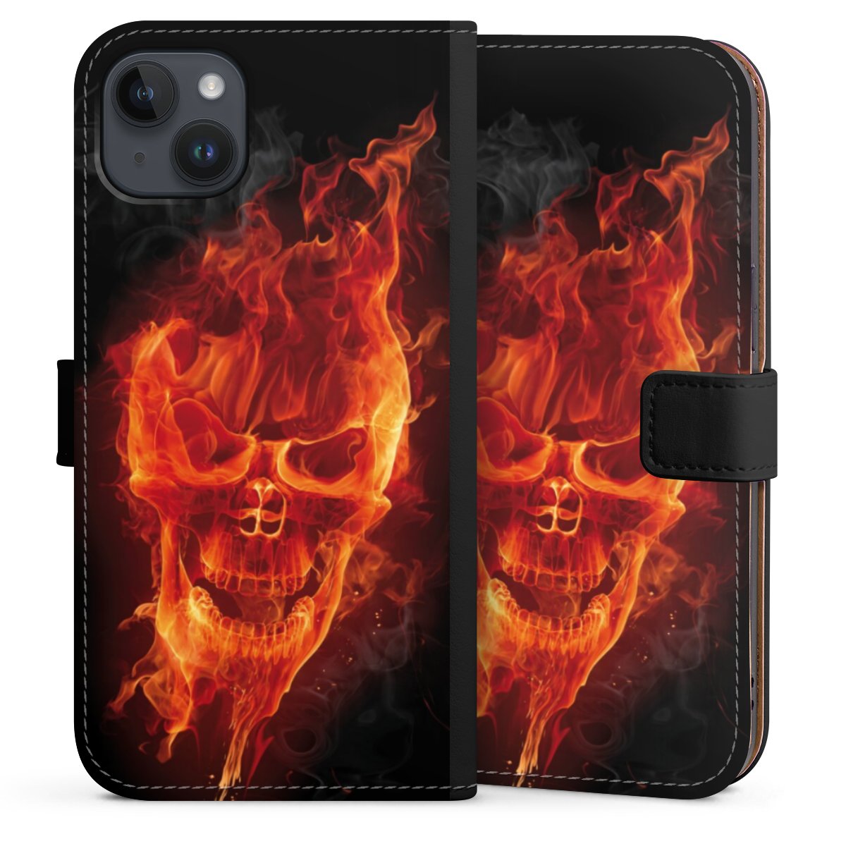 iPhone 14 Plus Handy Klapphülle Handyhülle aus Kunst Leder schwarz Flip Case Totenkopf Skull Fire Sideflip mit Lasche