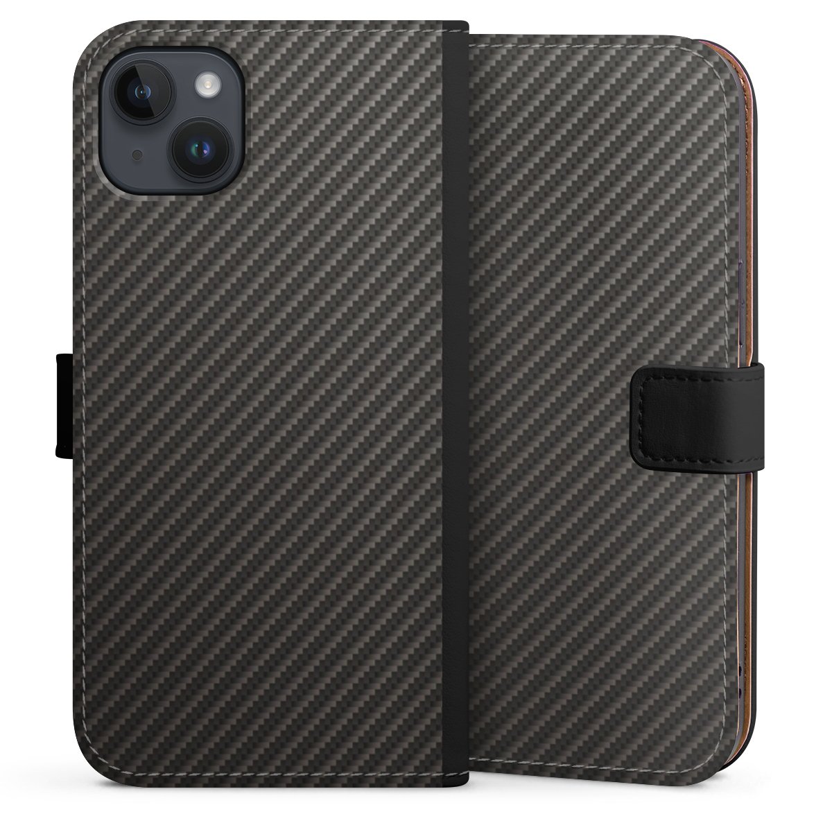 iPhone 14 Plus Handy Klapphülle Handyhülle aus Kunst Leder schwarz Flip Case Metallic Look Carbon Muster Sideflip mit Lasche