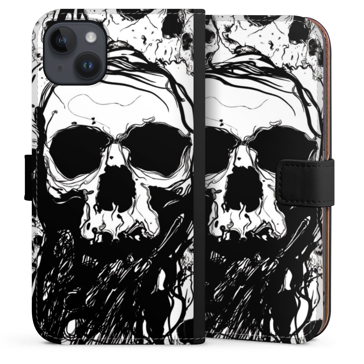 iPhone 14 Plus Handy Klapphülle Handyhülle aus Kunst Leder schwarz Flip Case Totenkopf Halloween Sideflip mit Lasche