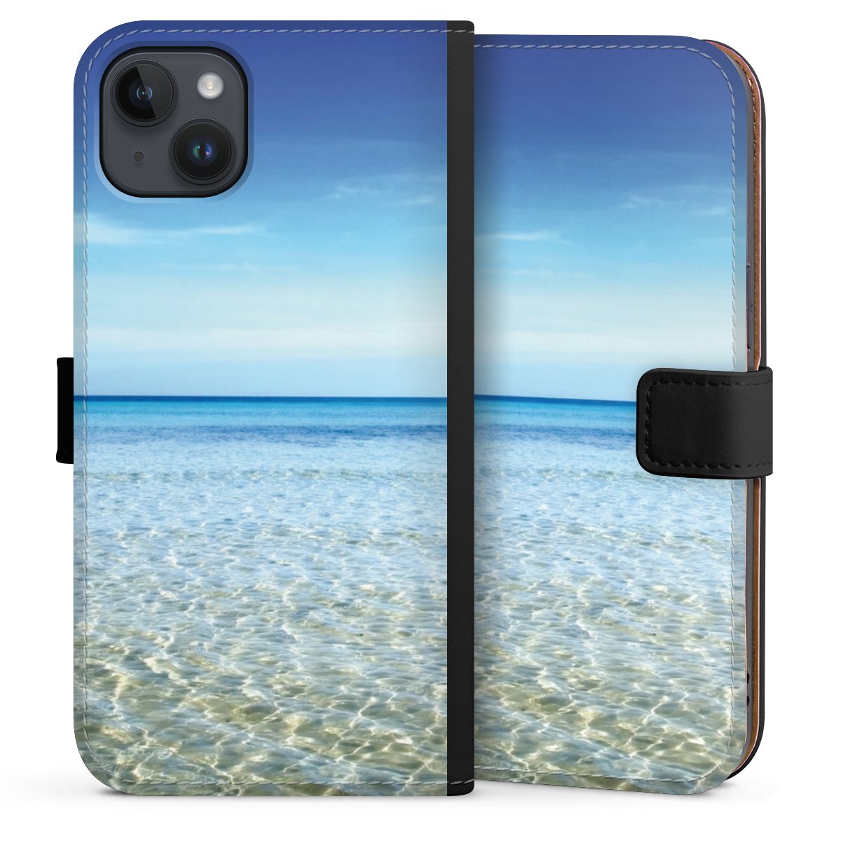 iPhone 14 Plus Handy Klapphülle Handyhülle aus Kunst Leder schwarz Flip Case Urlaub Sky Ocean Sideflip mit Lasche