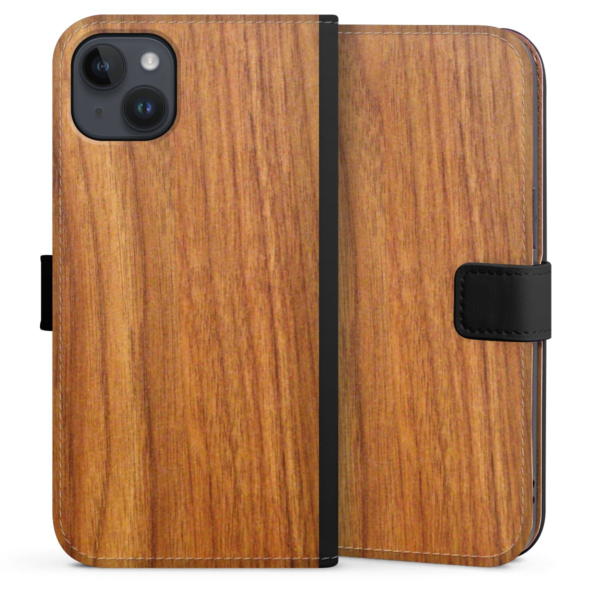 iPhone 14 Plus Handy Klapphülle Handyhülle aus Kunst Leder schwarz Flip Case Wood Larch Wooden Look Sideflip mit Lasche