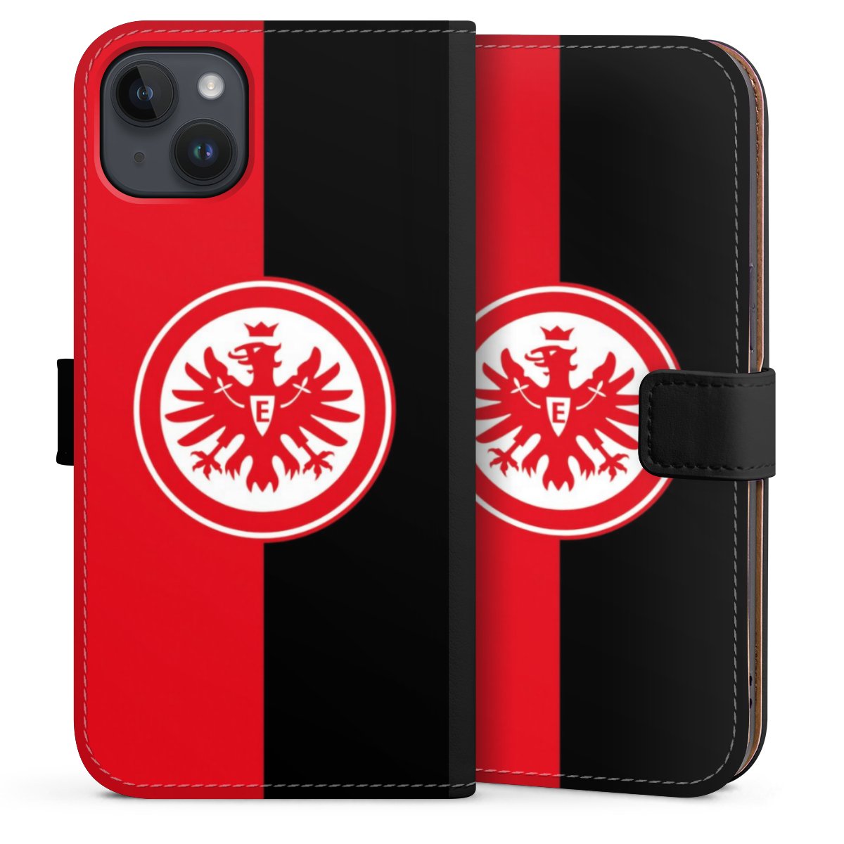 iPhone 14 Plus Handy Klapphülle Handyhülle aus Kunst Leder schwarz Flip Case Official Licensed Product Eintracht Frankfurt Sge Sideflip mit Lasche