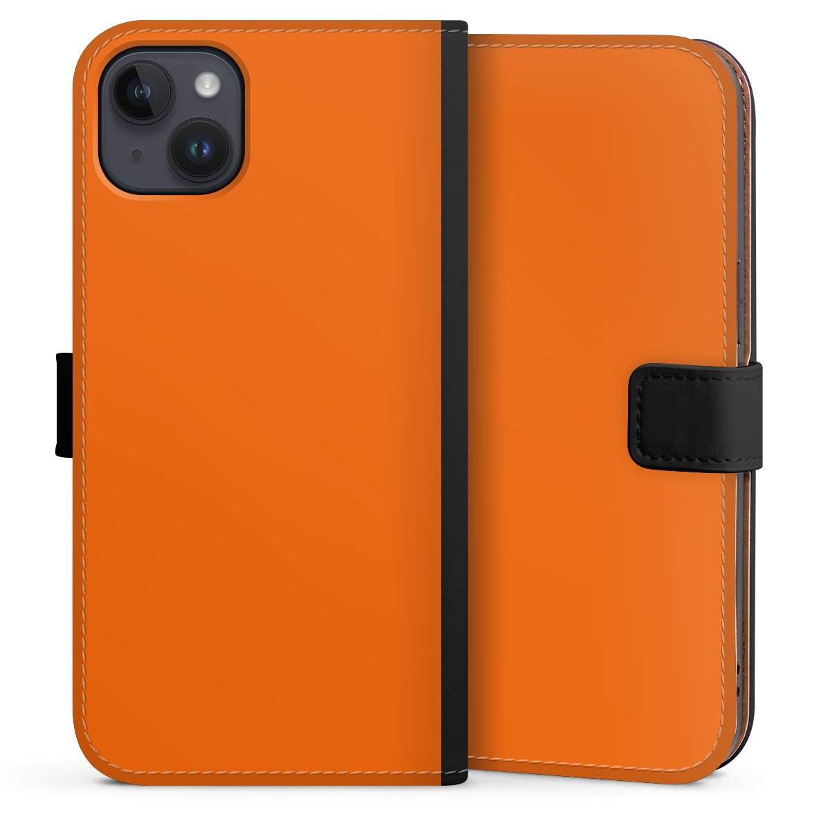 iPhone 14 Plus Handy Klapphülle Handyhülle aus Kunst Leder schwarz Flip Case Orange Colour Unicoloured Sideflip mit Lasche