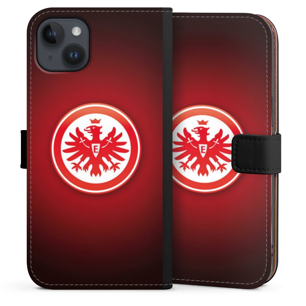 iPhone 14 Plus Handy Klapphülle Handyhülle aus Kunst Leder schwarz Flip Case Eintracht Frankfurt Official Licensed Product Coat Of Arms Sideflip mit Lasche