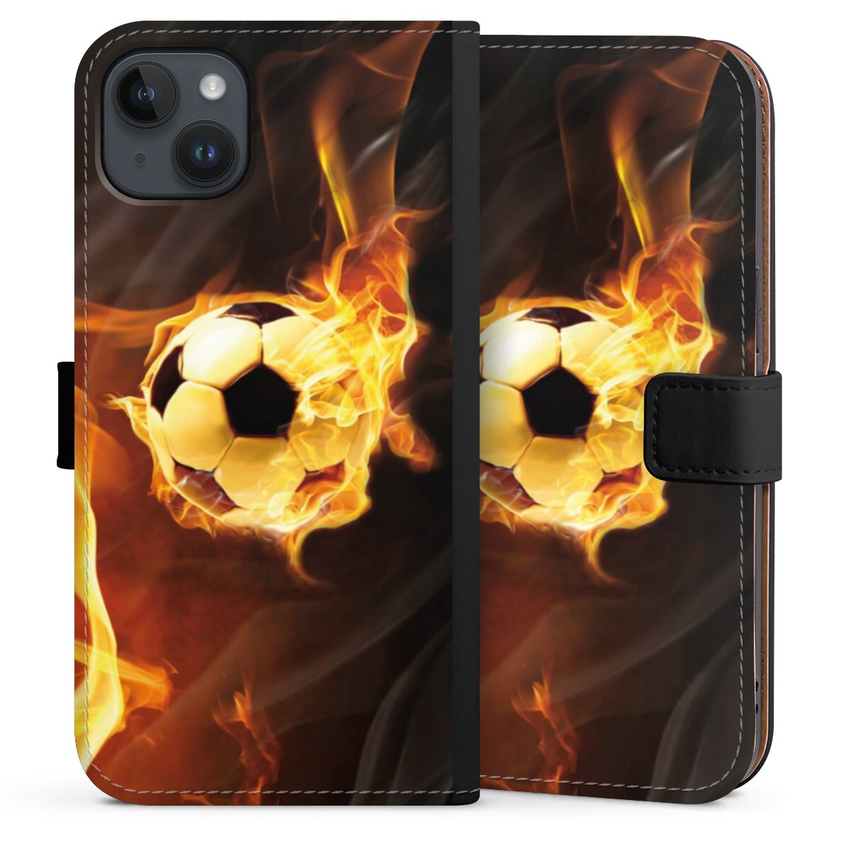 iPhone 14 Plus Handy Klapphülle Handyhülle aus Kunst Leder schwarz Flip Case Ball Fire Soccer Sideflip mit Lasche