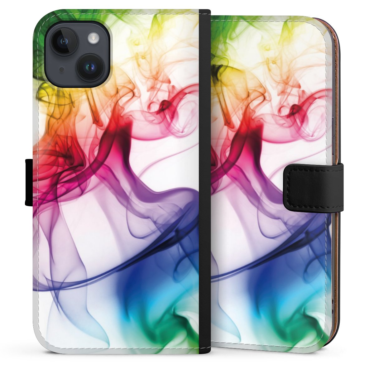 iPhone 14 Plus Handy Klapphülle Handyhülle aus Kunst Leder schwarz Flip Case Water Colour Rainbow Sideflip mit Lasche