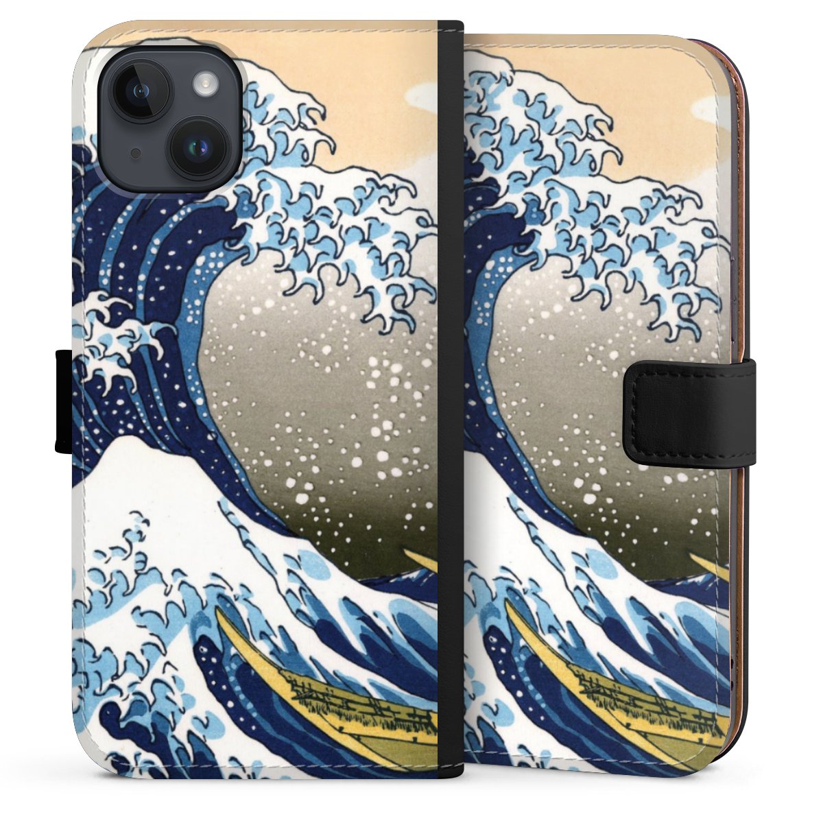 iPhone 14 Plus Handy Klapphülle Handyhülle aus Kunst Leder schwarz Flip Case Kunst Katsushika Hokusai Die Große Welle Vor Kanagawa Sideflip mit Lasche