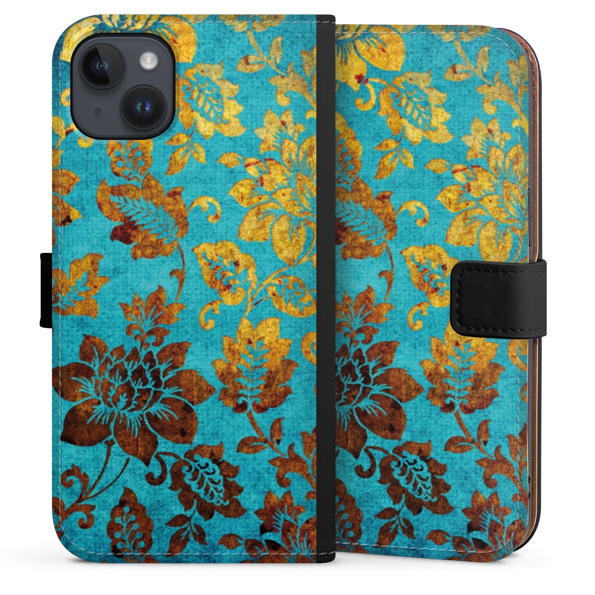 iPhone 14 Plus Handy Klapphülle Handyhülle aus Kunst Leder schwarz Flip Case Ornament Vintage Flowers Sideflip mit Lasche