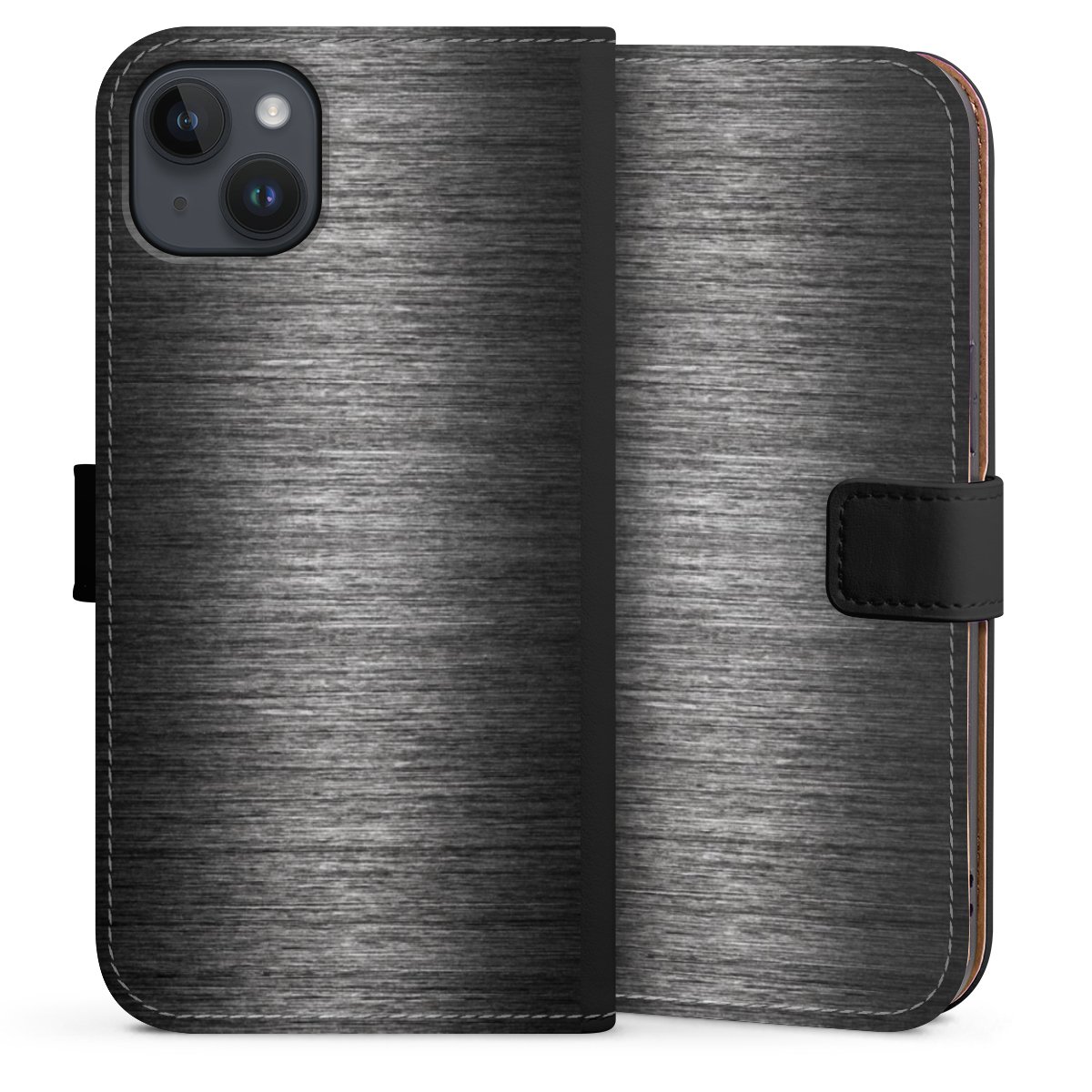 iPhone 14 Plus Handy Klapphülle Handyhülle aus Kunst Leder schwarz Flip Case Metallic Look Anthracite Metal Sideflip mit Lasche