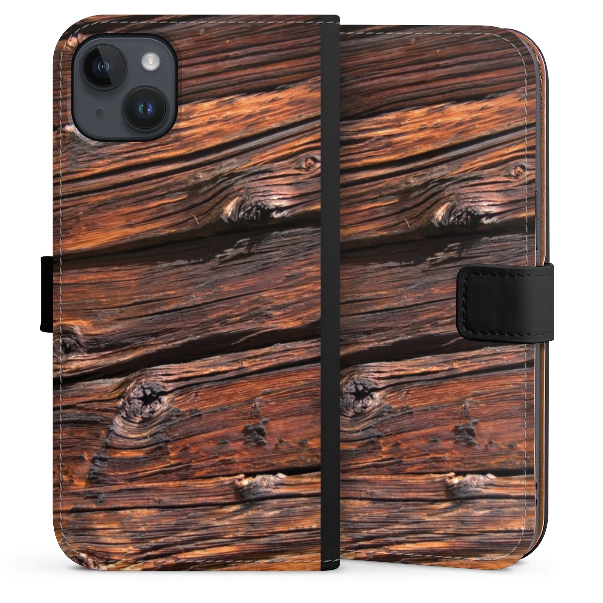 iPhone 14 Plus Handy Klapphülle Handyhülle aus Kunst Leder schwarz Flip Case Beams Wooden Look Wood Sideflip mit Lasche