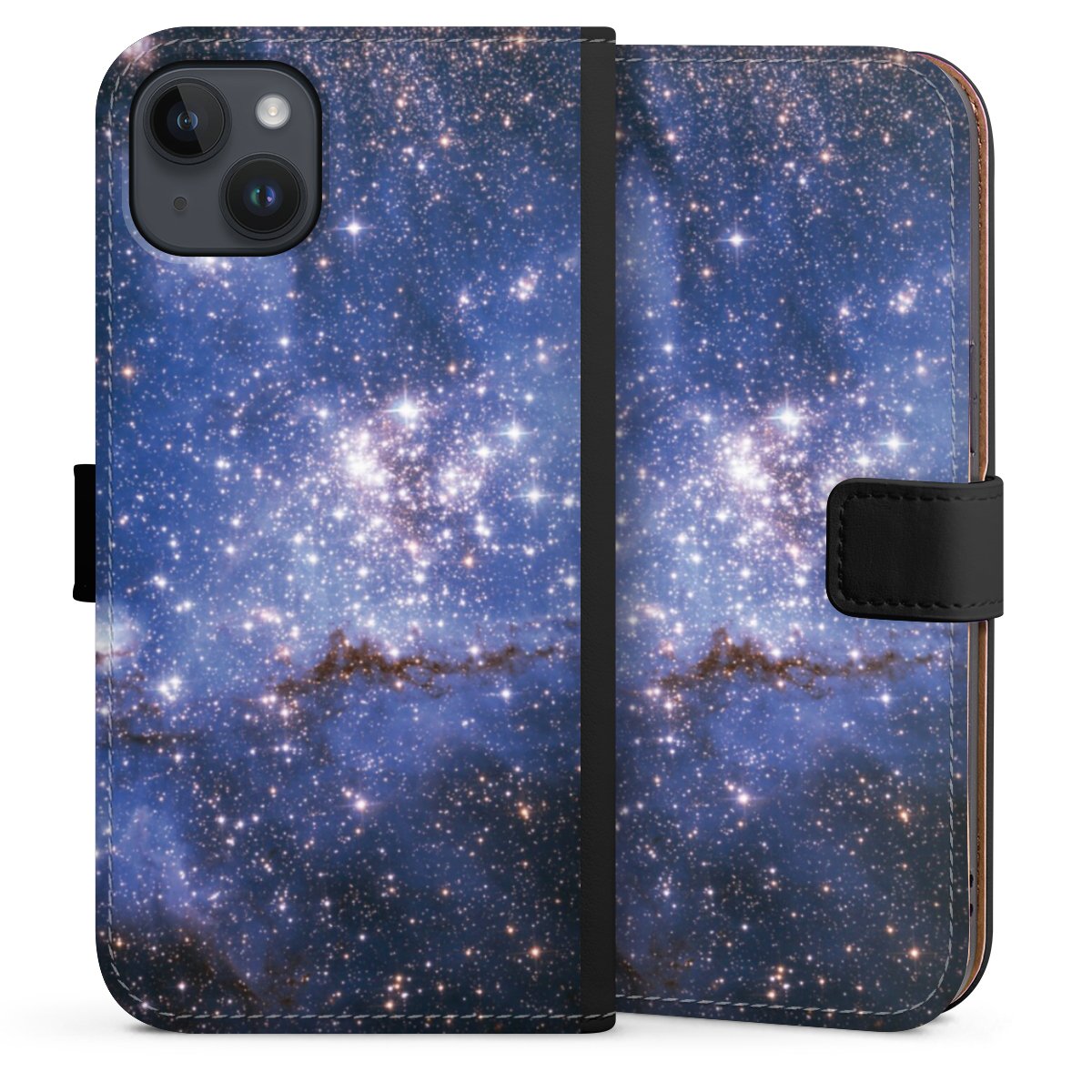 iPhone 14 Plus Handy Klapphülle Handyhülle aus Kunst Leder schwarz Flip Case Weltall Galaxy Weltraum Sideflip mit Lasche