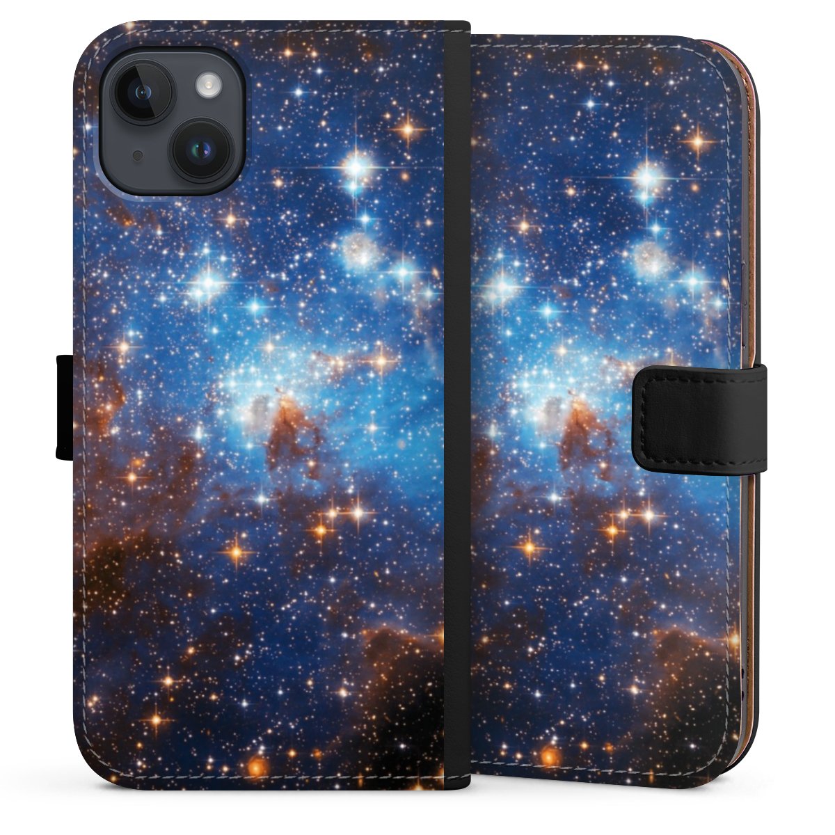 iPhone 14 Plus Handy Klapphülle Handyhülle aus Kunst Leder schwarz Flip Case Star Weltall Galaxy Sideflip mit Lasche