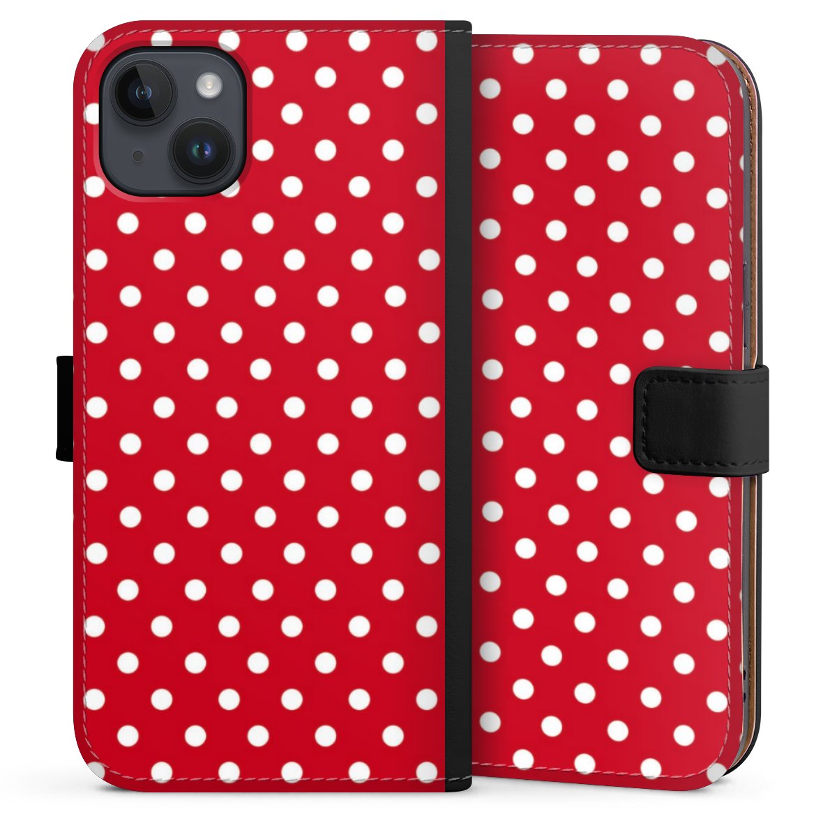 iPhone 14 Plus Handy Klapphülle Handyhülle aus Kunst Leder schwarz Flip Case Points Polka Dots Retro Sideflip mit Lasche