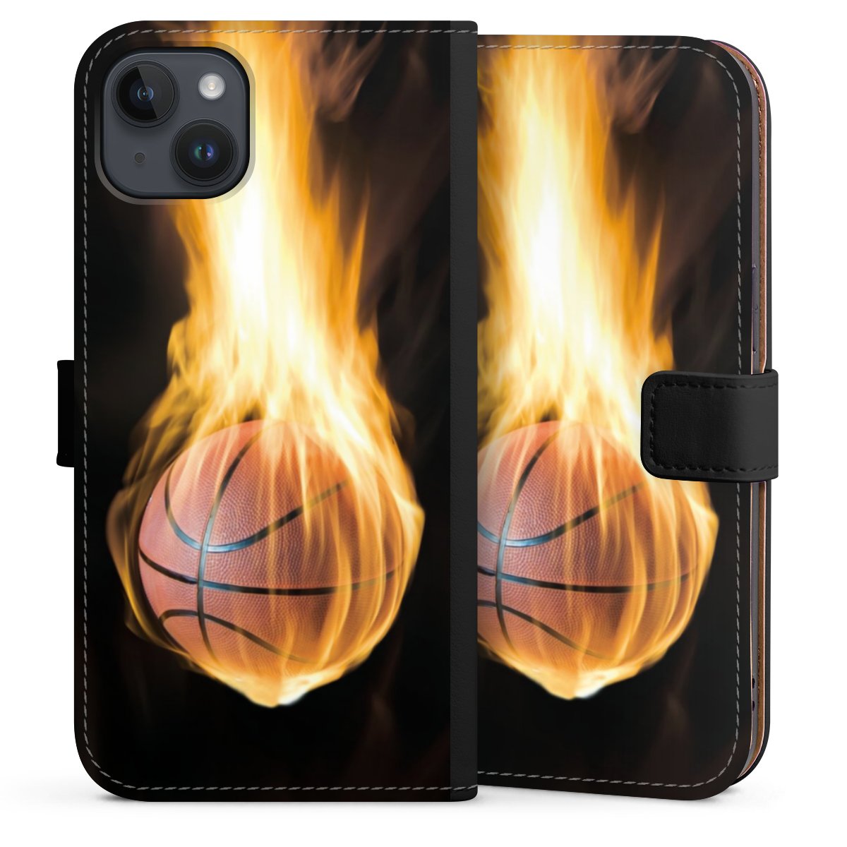 iPhone 14 Plus Handy Klapphülle Handyhülle aus Kunst Leder schwarz Flip Case Basketball Sports Fire Sideflip mit Lasche