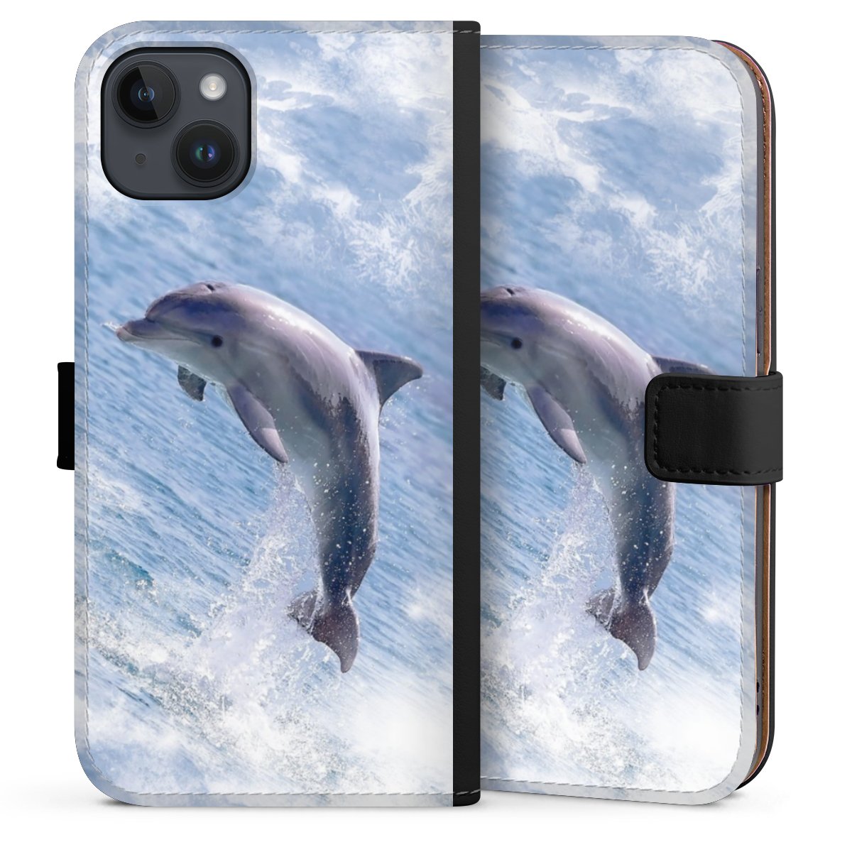 iPhone 14 Plus Handy Klapphülle Handyhülle aus Kunst Leder schwarz Flip Case Dolphin Ocean Wale Sideflip mit Lasche