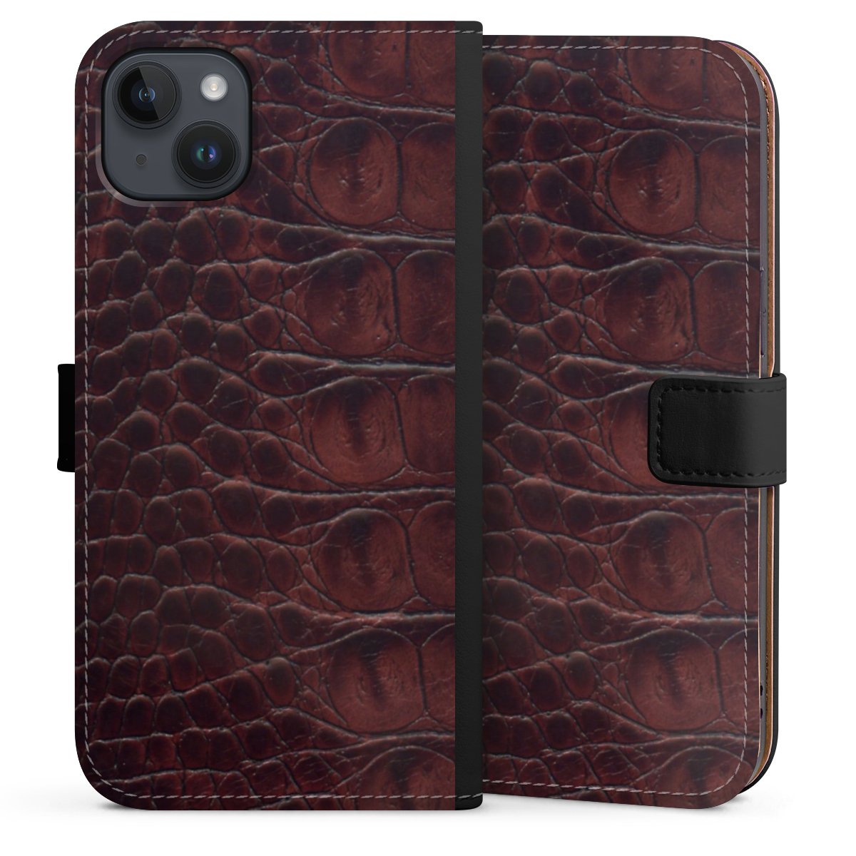 iPhone 14 Plus Handy Klapphülle Handyhülle aus Kunst Leder schwarz Flip Case Crocodile Animal Print Leather Sideflip mit Lasche