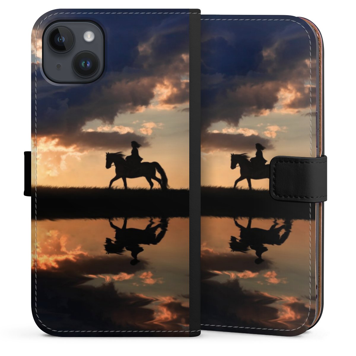 iPhone 14 Plus Handy Klapphülle Handyhülle aus Kunst Leder schwarz Flip Case Horse Sunset Horseback Riding Sideflip mit Lasche