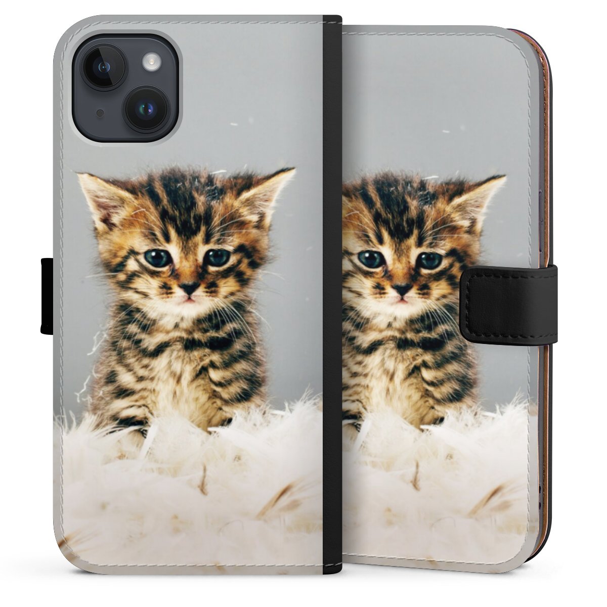 iPhone 14 Plus Handy Klapphülle Handyhülle aus Kunst Leder schwarz Flip Case Cat Feather Pet Sideflip mit Lasche