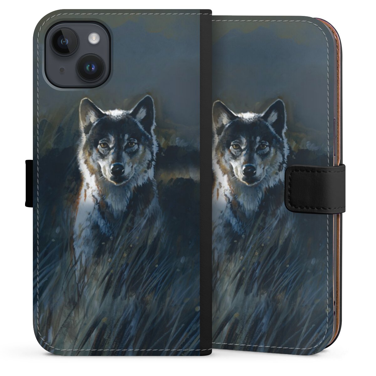 iPhone 14 Plus Handy Klapphülle Handyhülle aus Kunst Leder schwarz Flip Case Nature Wolf Painting Sideflip mit Lasche