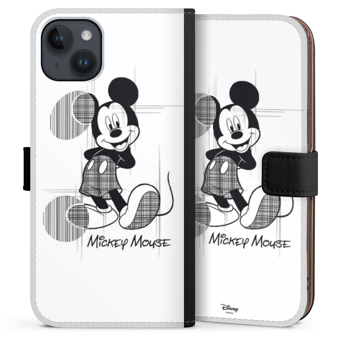 iPhone 14 Plus Handy Klapphülle Handyhülle aus Kunst Leder schwarz Flip Case Disney Official Licensed Product Mickey Mouse Sideflip mit Lasche