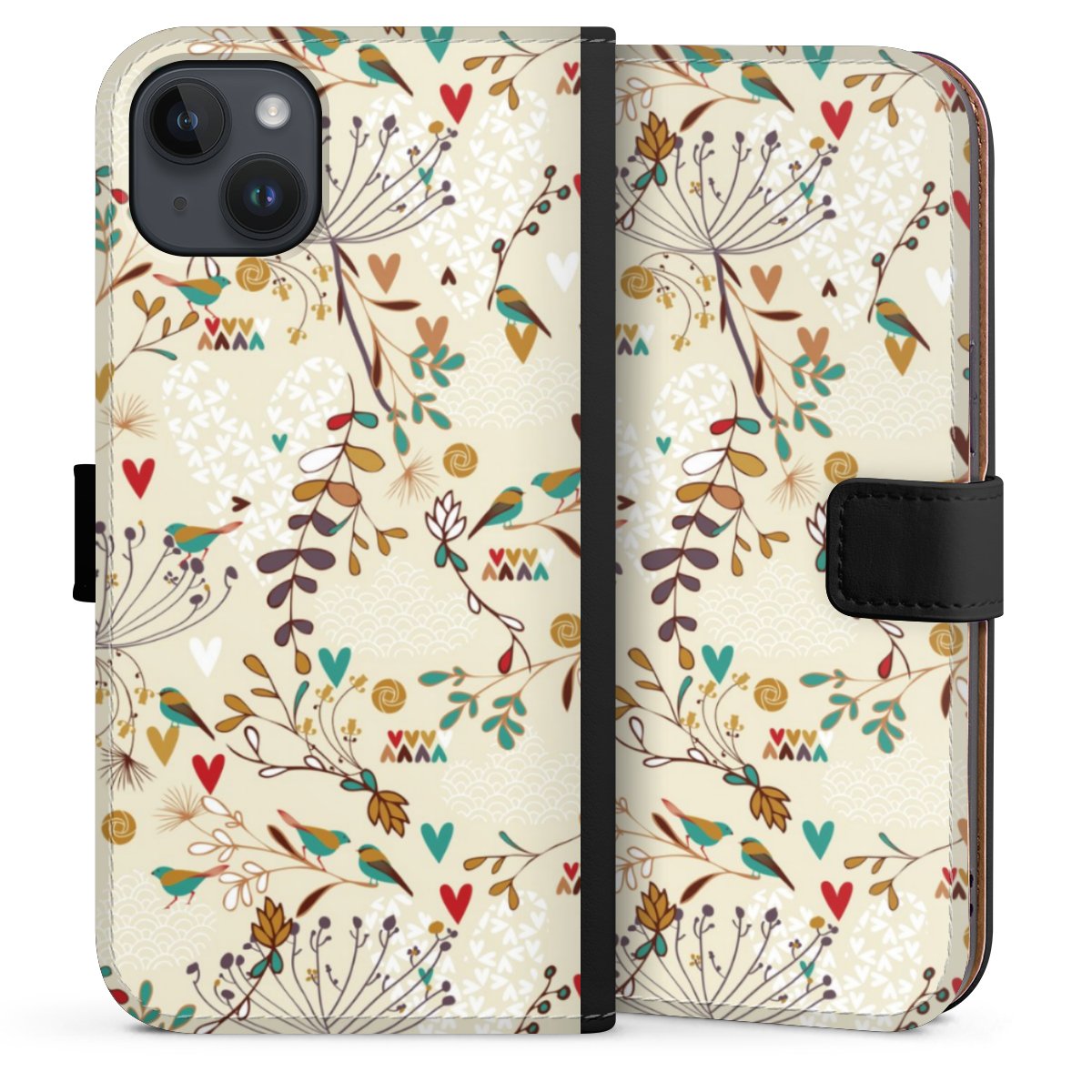 iPhone 14 Plus Handy Klapphülle Handyhülle aus Kunst Leder schwarz Flip Case Bird Flowers Retro Sideflip mit Lasche