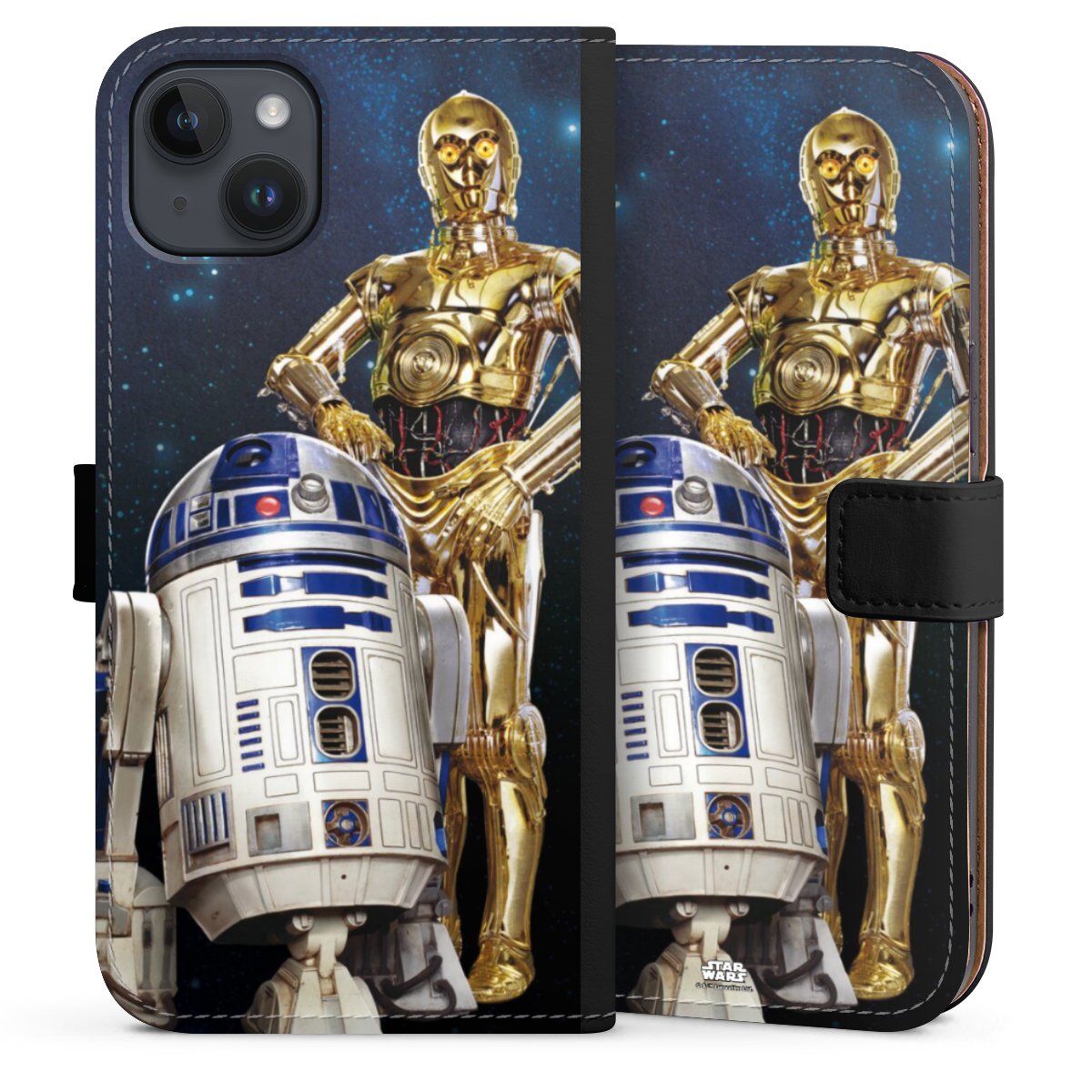 iPhone 14 Plus Handy Klapphülle Handyhülle aus Kunst Leder schwarz Flip Case Weltall Star Wars R2d2 Sideflip mit Lasche