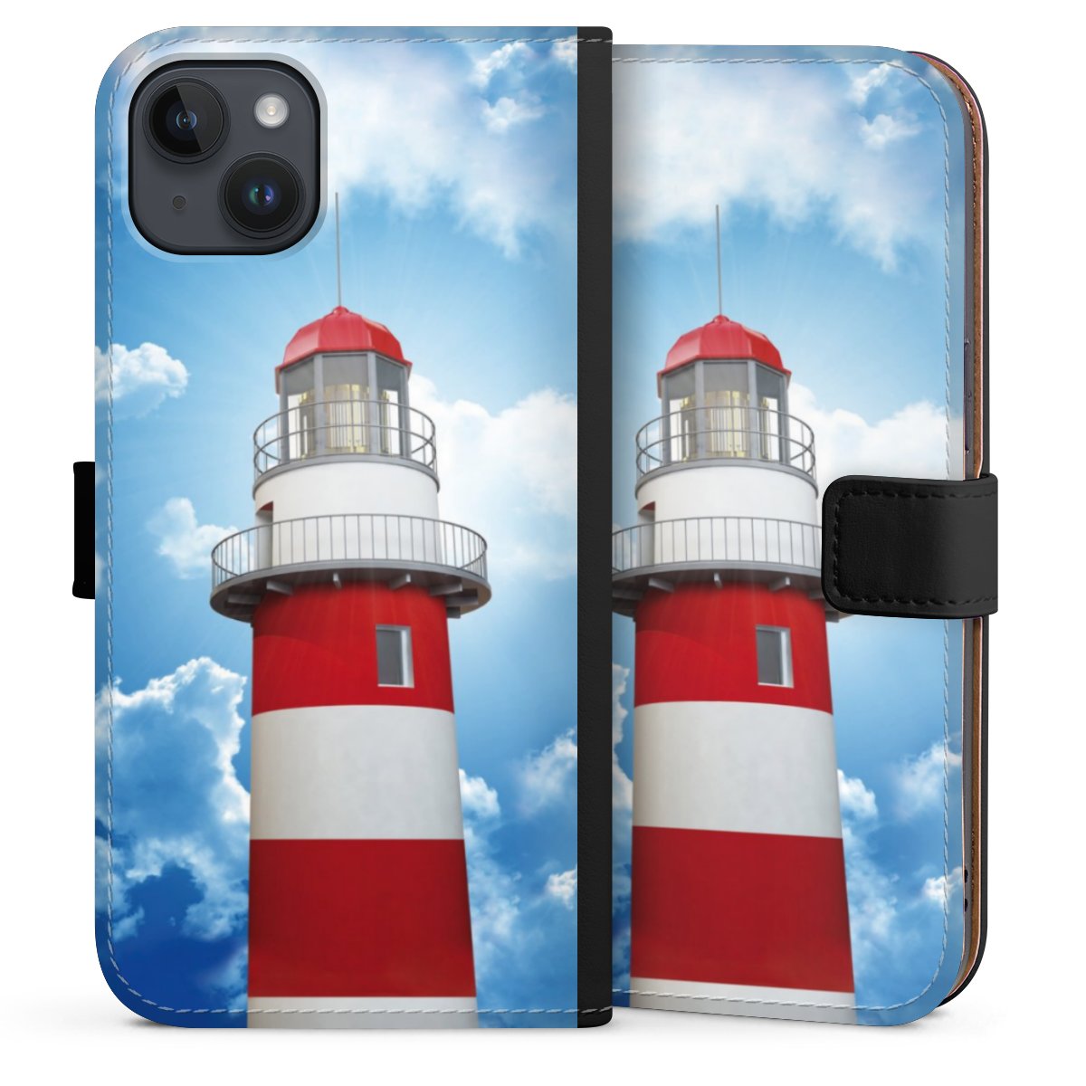 iPhone 14 Plus Handy Klapphülle Handyhülle aus Kunst Leder schwarz Flip Case Lighthouse Sky Cloud Sideflip mit Lasche