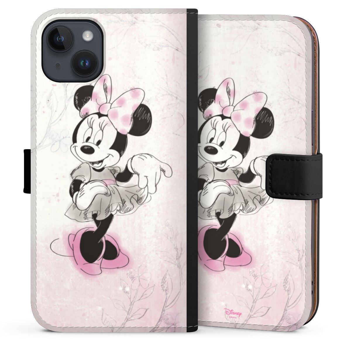 iPhone 14 Plus Handy Klapphülle Handyhülle aus Kunst Leder schwarz Flip Case Disney Minnie Mouse Vintage Sideflip mit Lasche