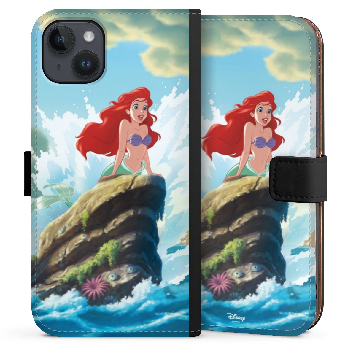 iPhone 14 Plus Handy Klapphülle Handyhülle aus Kunst Leder schwarz Flip Case Mermaid Arielle Die Meerjungfrau Official Licensed Product Sideflip mit Lasche