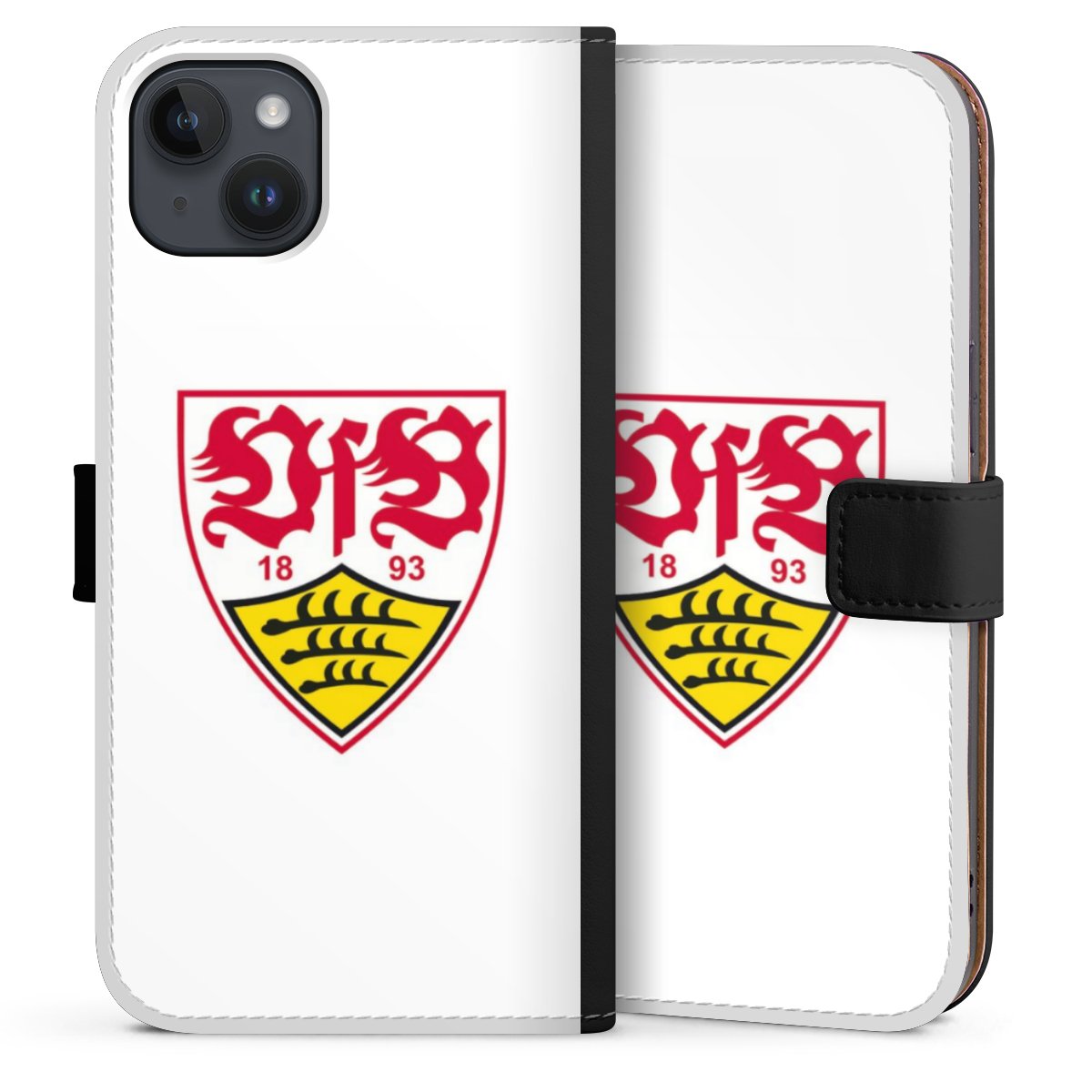 iPhone 14 Plus Handy Klapphülle Handyhülle aus Kunst Leder schwarz Flip Case Logo Official Licensed Product Vfb Stuttgart Sideflip mit Lasche