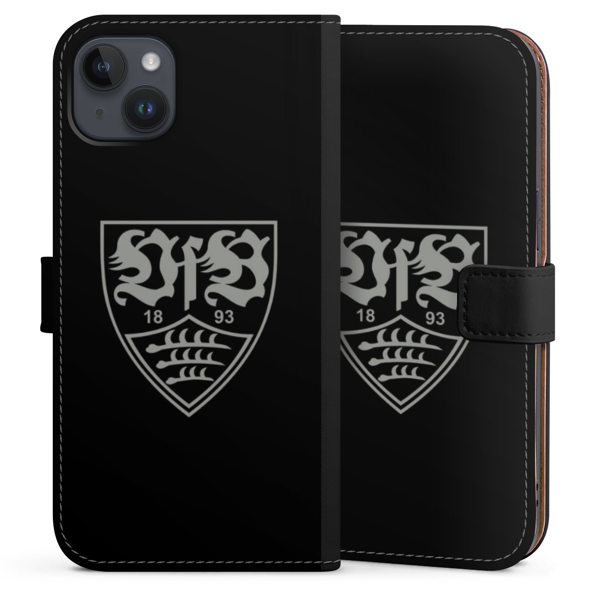 iPhone 14 Plus Handy Klapphülle Handyhülle aus Kunst Leder schwarz Flip Case Official Licensed Product Vfb Stuttgart Sideflip mit Lasche