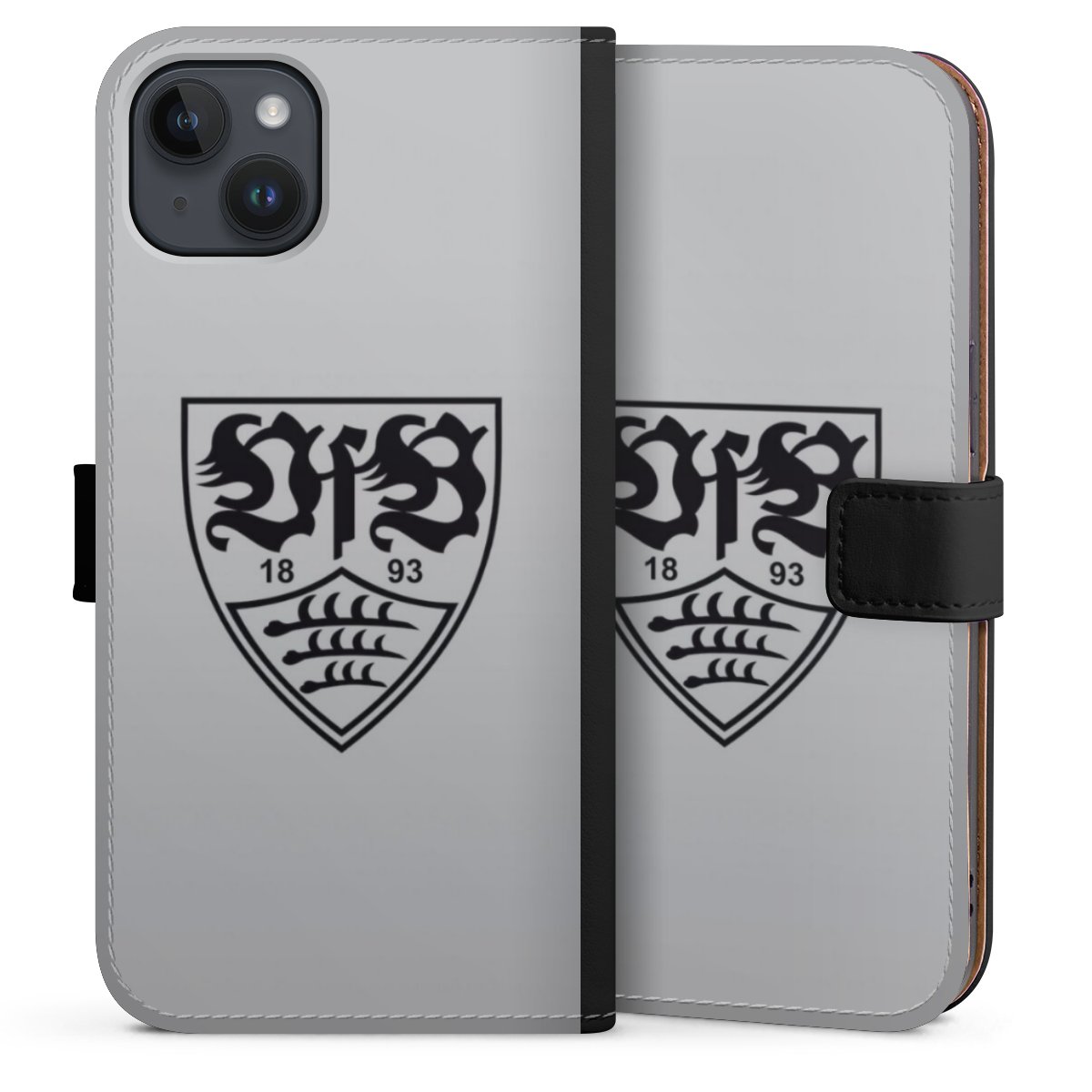 iPhone 14 Plus Handy Klapphülle Handyhülle aus Kunst Leder schwarz Flip Case Logo Vfb Stuttgart Official Licensed Product Sideflip mit Lasche