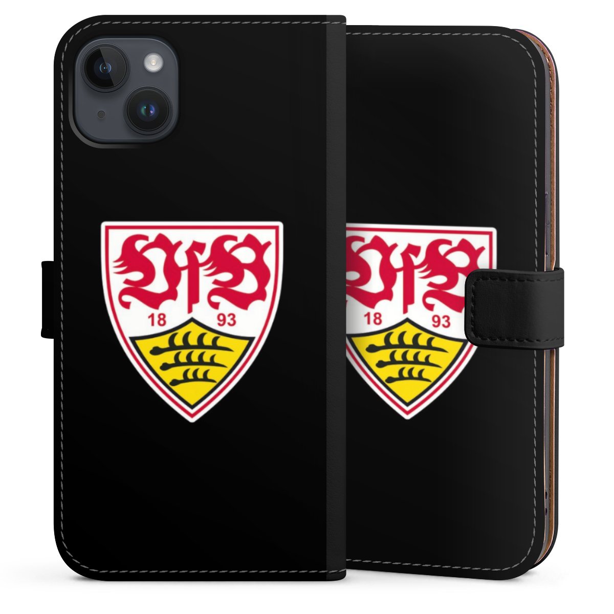 iPhone 14 Plus Handy Klapphülle Handyhülle aus Kunst Leder schwarz Flip Case Vfb Stuttgart Official Licensed Product Coat Of Arms Sideflip mit Lasche