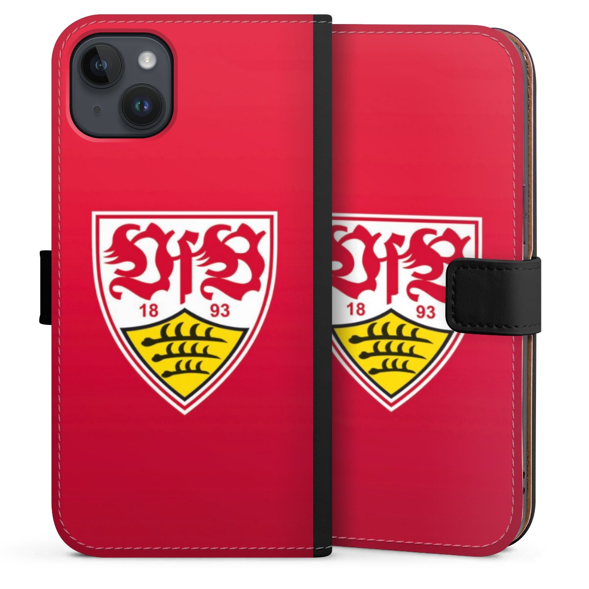 iPhone 14 Plus Handy Klapphülle Handyhülle aus Kunst Leder schwarz Flip Case Official Licensed Product Vfb Stuttgart Sideflip mit Lasche