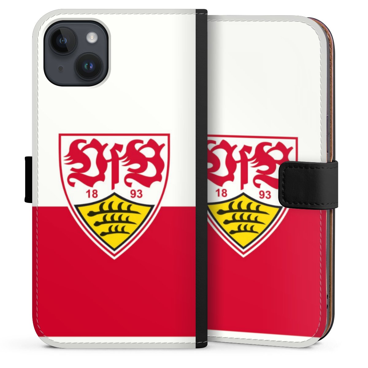 iPhone 14 Plus Handy Klapphülle Handyhülle aus Kunst Leder schwarz Flip Case Official Licensed Product Logo Vfb Stuttgart Sideflip mit Lasche