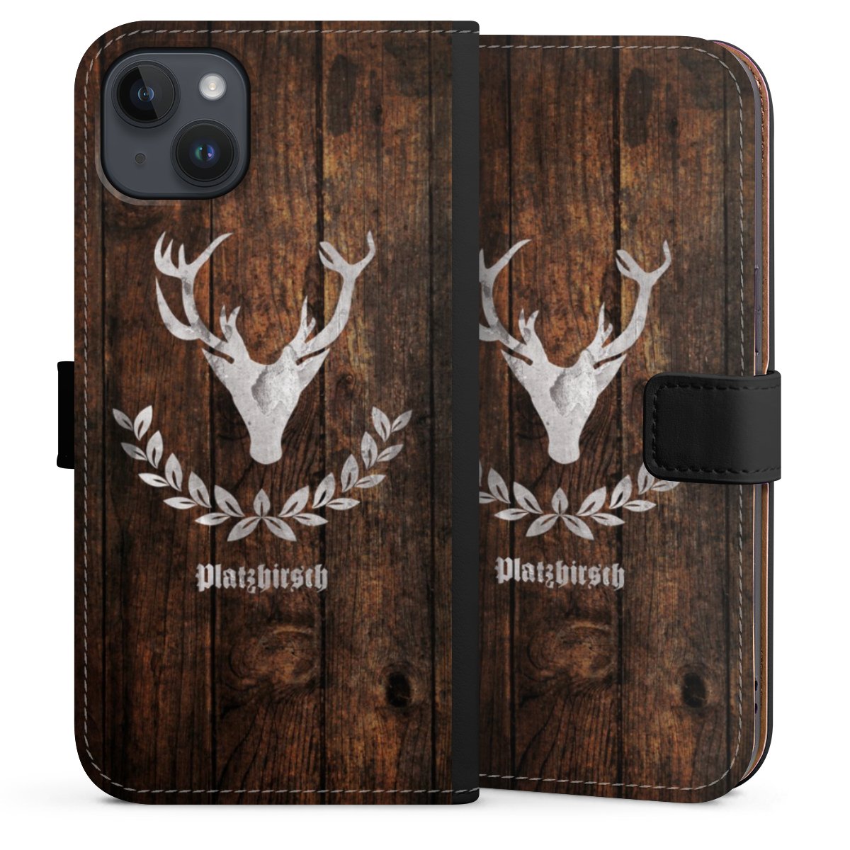 iPhone 14 Plus Handy Klapphülle Handyhülle aus Kunst Leder schwarz Flip Case Deer Wood Wooden Look Sideflip mit Lasche