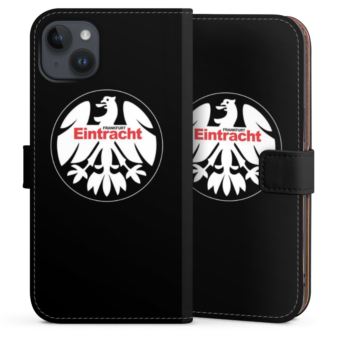 iPhone 14 Plus Handy Klapphülle Handyhülle aus Kunst Leder schwarz Flip Case Official Licensed Product Eintracht Frankfurt Sge Sideflip mit Lasche