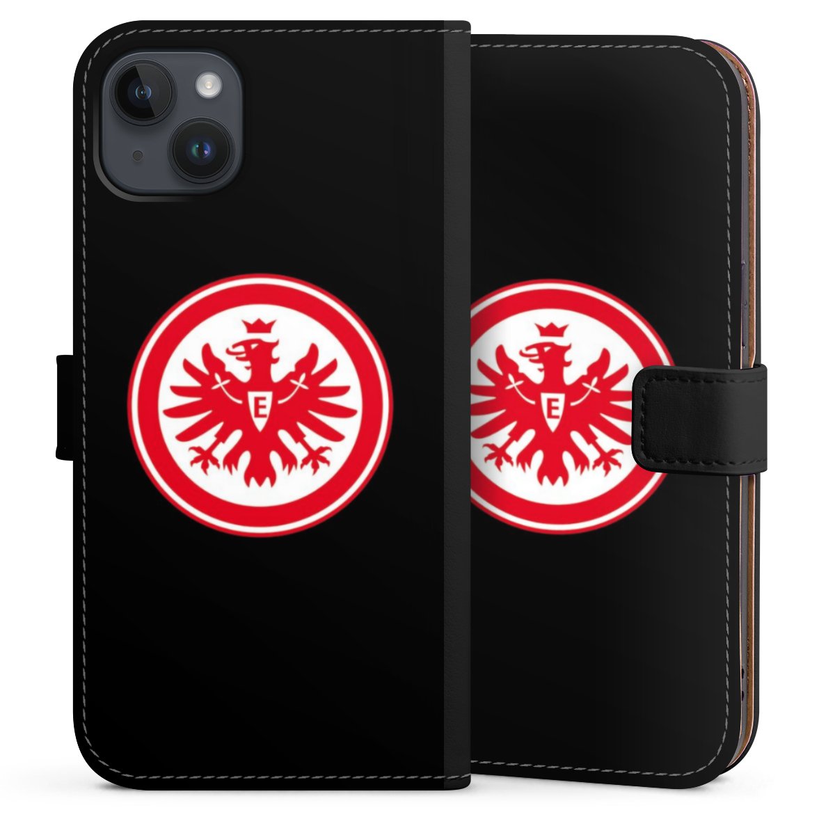 iPhone 14 Plus Handy Klapphülle Handyhülle aus Kunst Leder schwarz Flip Case Eintracht Frankfurt Sge Eagle Sideflip mit Lasche