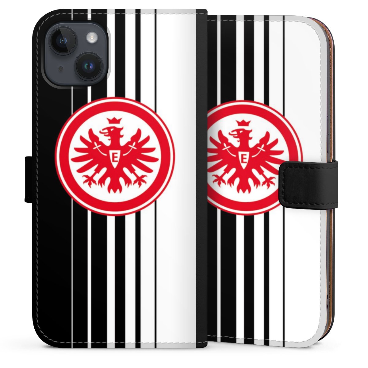 iPhone 14 Plus Handy Klapphülle Handyhülle aus Kunst Leder schwarz Flip Case Stripes Eintracht Frankfurt Official Licensed Product Sideflip mit Lasche