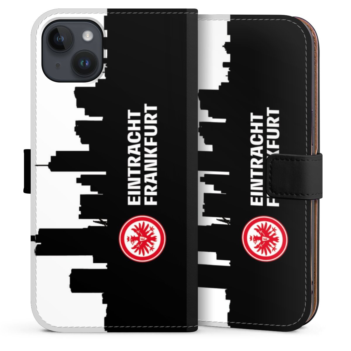 iPhone 14 Plus Handy Klapphülle Handyhülle aus Kunst Leder schwarz Flip Case Sge Eintracht Frankfurt Official Licensed Product Sideflip mit Lasche